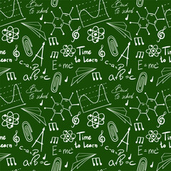 Vector seamless pattern with hand drawn school symbols. Physics, chemistry, biology. Science elements are drawn with a line. Background for children and students	
