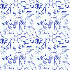 Vector seamless pattern with hand drawn school symbols. Physics, chemistry, biology. Science elements are drawn with a line. Background for children and students	