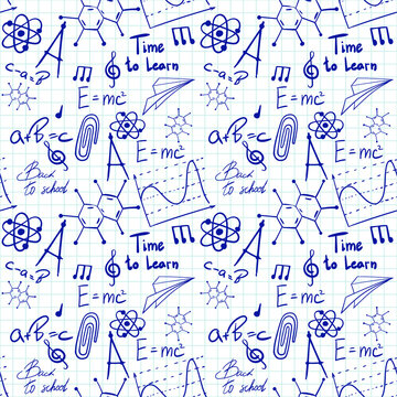 Vector seamless pattern with hand drawn school symbols. Physics, chemistry, biology. Science elements are drawn with a line. Background for children and students	