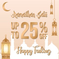 Ramadan sale poster promotion, Special offer up to 25% off with crescent moon, lantern, and landscape mosque. Islamic Background. Vector Illustration.