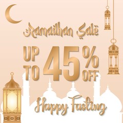 Ramadan sale poster promotion, Special offer up to 45% off with crescent moon, lantern, and landscape mosque. Islamic Background. Vector Illustration.