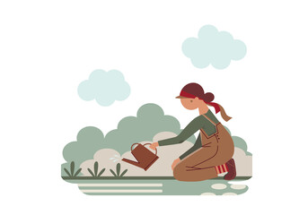 Cartoon girl in overalls watering plants in the garden.