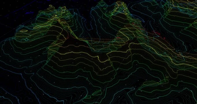 3D wireframe cartography concept. Geology terrain rotation, digital data telemetry and engineer topography with contour lines. hills, mountains and plains. 4K loop
