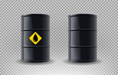 Realistic black metal oil barrels. Vector illustration with isolated realistic black metal oil barrels on checkered background.