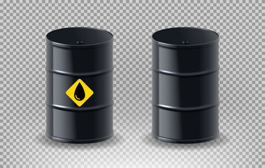 Realistic black metal oil barrels. Vector illustration with isolated realistic black metal oil barrels on checkered background.