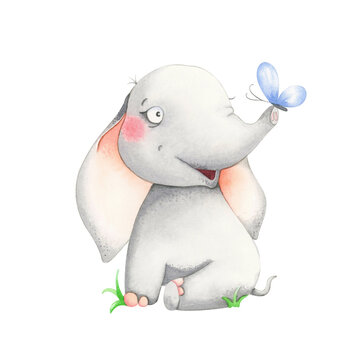 Baby elephant with a butterfly, watercolor animals. Isolated on white background. For birthday invitations, print, baby shower, baby decorations, poster, greeting card.