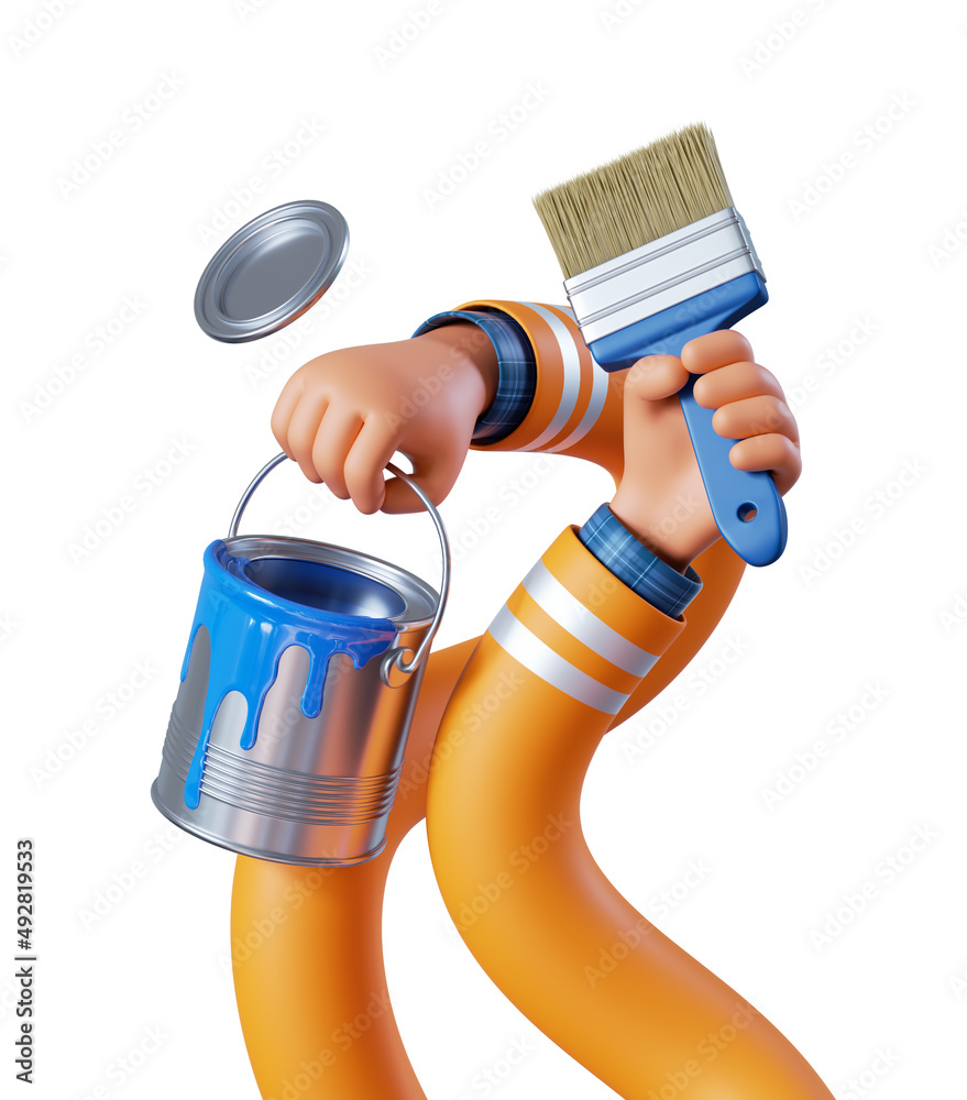 Wall mural 3d render, flexible cartoon caucasian human hands hold bucket with blue paint and brush. Professional painter with equipment. Construction or renovation service clip art isolated on white background