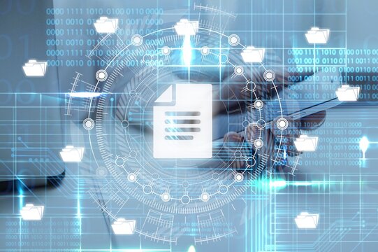 Online documentation database and document management system concept.	
Businesswoman working on laptop with virtual files.