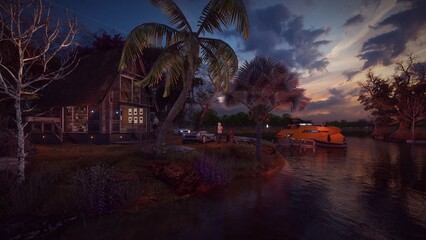 Fototapeta premium wooden house in front of the lake 3d illustration 