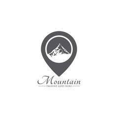 Mountain Forest Lake River with Pin Map Location for Travel Location Adventure Logo Design Vector