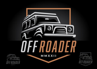 Off road 4x4 motor vehicle logo icon. All-terrain SUV offroader club symbol. Auto garage 4wd showroom dealership badge. Vector illustration. - obrazy, fototapety, plakaty