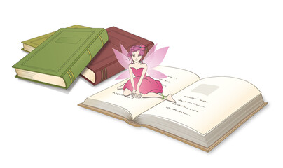 開いた本の上に座っているピンク色の羽の妖精　文字あり
