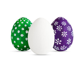 Hand painted green, purple and white Easter eggs decorated white lines and dots isolated on white. Colored easter eggs on white background