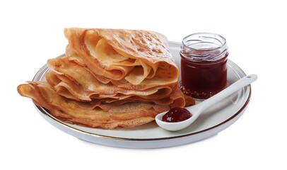 Delicious crepes with jam on white background