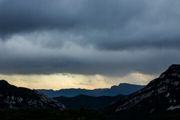 Sunset and dramatic clouds in La Garrotxa, Spain