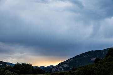 Sunset and dramatic clouds in La Garrotxa, Spain