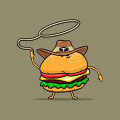 Fat and cute hamburger illustration wearing cowboy hat and lasso string  - obrazy, fototapety, plakaty