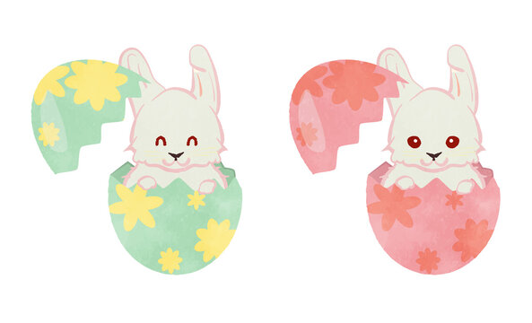 Illustration set of cute rabbits popping out of Easter eggs