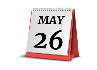 Calendar on white background. 26 May. 3D illustration.