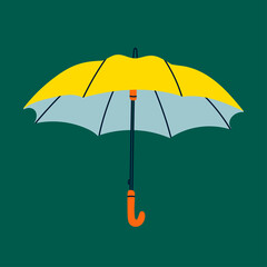 Open Umbrella. Blue and yellow colors. Hand drawn modern Vector illustration. Cartoon minimalistic style. Icon, logo, design template. Isolated on green background