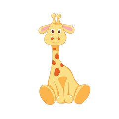 vector drawing of a sitting, cheerful giraffe in color, flat style