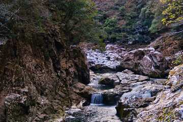 Obraz premium Shooting location:Chomonkyo Yamaguchi Prefecture:Japanese valley: Japanese winter scene:Japanese landscape photography 長門峡:山口県道293号萩長門峡線:冬