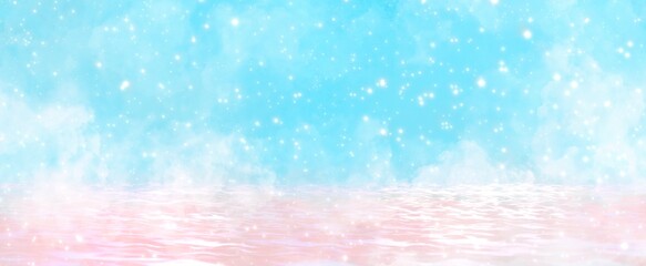 メルヘンなピンク色の海と星屑の背景素材