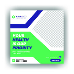 Medical social media post template. Modern banner design template for hospital and clinic
 with place for the photo. Suitable for social media, websites, flyers, and banners
