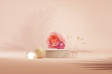 Minimal scene with rose flowers and spherical lights on the floor. Podium and Abstract Peach Fuzz is color trend of the Year 2024. Feminine copy space template 3d render