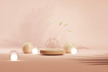 Obraz na płótnie Canvas Peach Fuzz is color trend of the Year 2024 with dry flower glass vase and spherical lights on the floor. Podium and abstract cosmetic background for beauty. Feminine copy space template 3d render
