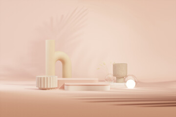 Minimal scene with podium and spherical lights on the floor. Abstract cosmetic background for beauty. Peach Fuzz is color trend of the Year 2024 Feminine copy space template 3d render