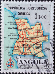 Portugal - circa 1954 : a postage stamp from Angola , showing the map of Angola.