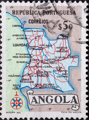 Portugal - circa 1954 : a postage stamp from Angola , showing the map of Angola.