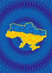 The map of Ukraine, colors on ukrainian flag, blue and yellow. Mandala background. Vector art.