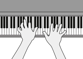 Black and white vector illustration of someone's hands playing the piano
