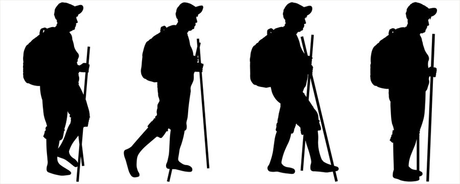 A woman in a sports cap, a backpack behind her back, shorts, a walking stick in her hands. An older woman is hiking. Hiking. Side view, profile. Black female silhouettes isolated on white background.