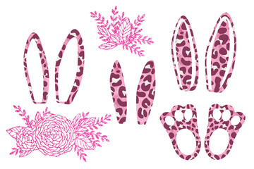 Pink modern Easter elements with leopard skin print. Glitter clip art set on white