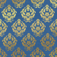 Tapestry texture background. Vintage blue paper with gold baroque pattern