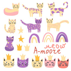 Seamless cat princess pattern. Cute princess cats seamless pattern, little kitty.