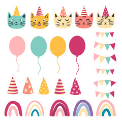Obraz premium seamless pattern of birthday celebration elements - balloons, gifts, flag, cake, cute cat in hat
