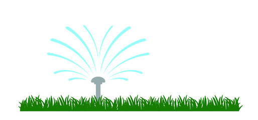 Grass lawn with garden sprinkler. Cartoon gras icon or pictogram. Irrigation system for drip watering lawn, field, or grass. Sprinkler irrigation symbol or logo. Sprinkling with water - obrazy, fototapety, plakaty
