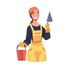 Fototapeta premium Young Woman Builder in Overall and Helmet with Bucket and Palette Knife Vector Illustration