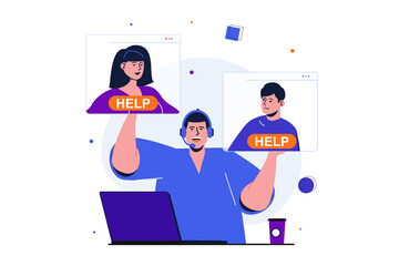 Customer service modern flat concept for web banner design. Man consultant assisting clients online, giving advice and solving technical problems. Illustration with isolated people scene