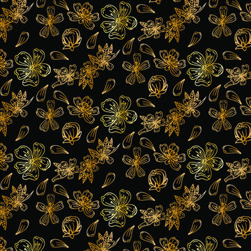 Cherry, sakura flowers bloom blossom seamless pattern texture. Copper gold shiny glow outline black background.