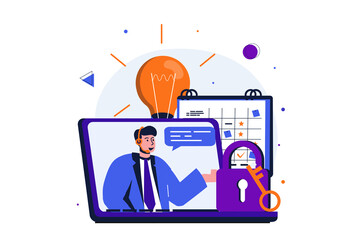 Customer service modern flat concept for web banner design. Man in headphones consults and solves problems, finds creative ideas and talks with clients. Illustration with isolated people scene