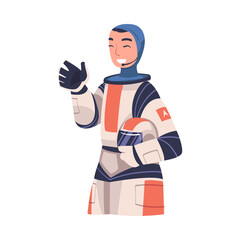 Young Woman Astronaut in Spacesuit and Helmet Waving Hand Vector Illustration