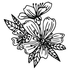 Sakura flower doodle icon. Back line isolated on white. One line contour floral drawing.Vector illustration
