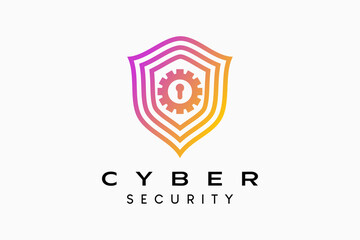 Cyber ​​security logo design with shield concept in line art and gear icon. Vector premium