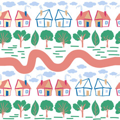 Pattern seamless kids with home doodle coloring element. house pattern, cute colorful homes, funny children decor.