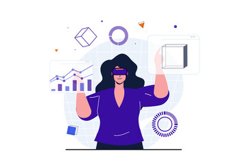 Cyberspace modern flat concept for web banner design. Woman in VR glasses interacts data graphs and doing scientific research in simulated dashboard. Illustration with isolated people scene